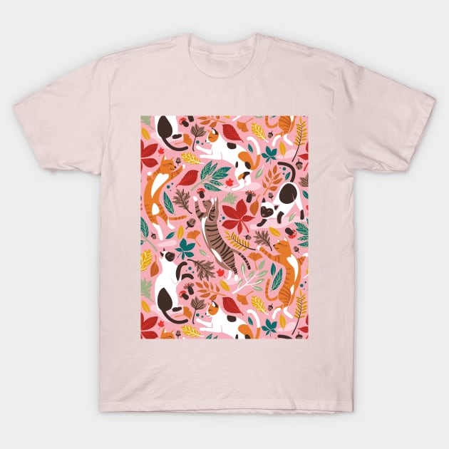 Autumn joy // pattern // light pink background cats dancing with many leaves in fall colors T-Shirt by SelmaCardoso